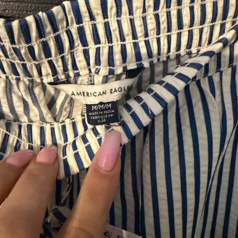 NWT American Eagle Wide Leg Stripe Pants Lightweight Blue White Medium - Picture 4 of 6
